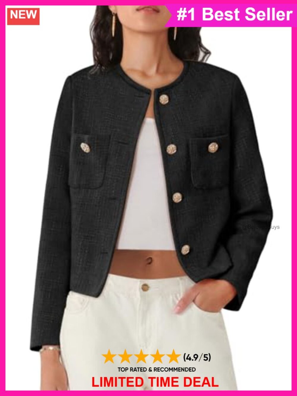 Womens Tweed Cropped Blazer Button Down Long Sleeve Crew Neck Patch Pocket